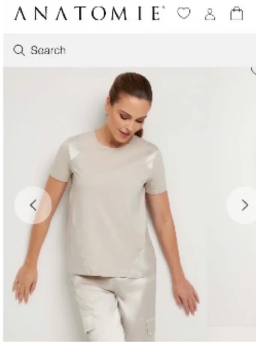 Anatomie Carmella Short Sleeve Crew Neck Top in Light Beige Satin Inserts S